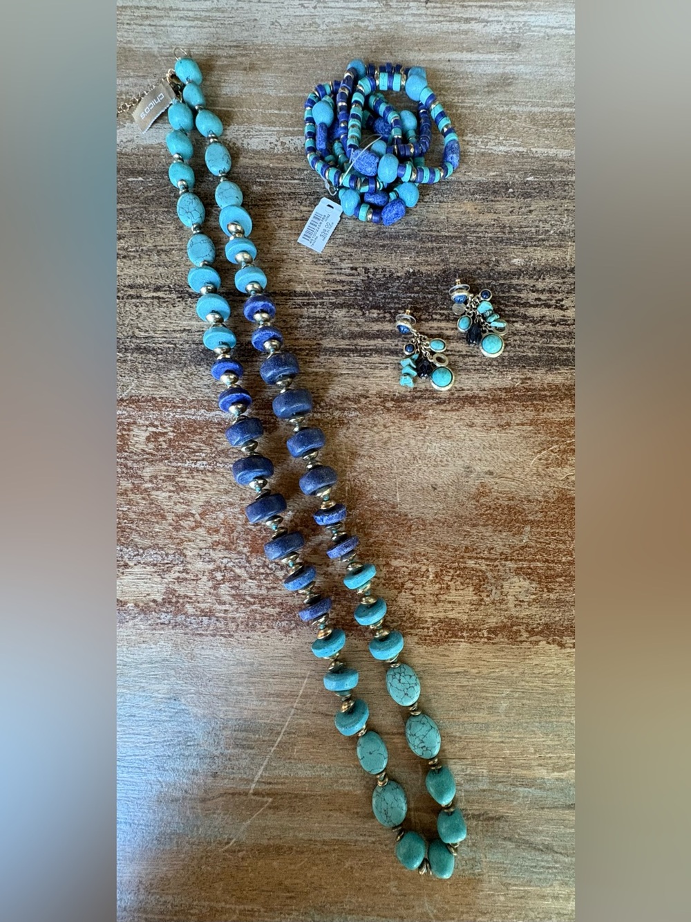 Chico's Turquoise and Blue Beaded Necklace with Matching Earrings and Bracelets